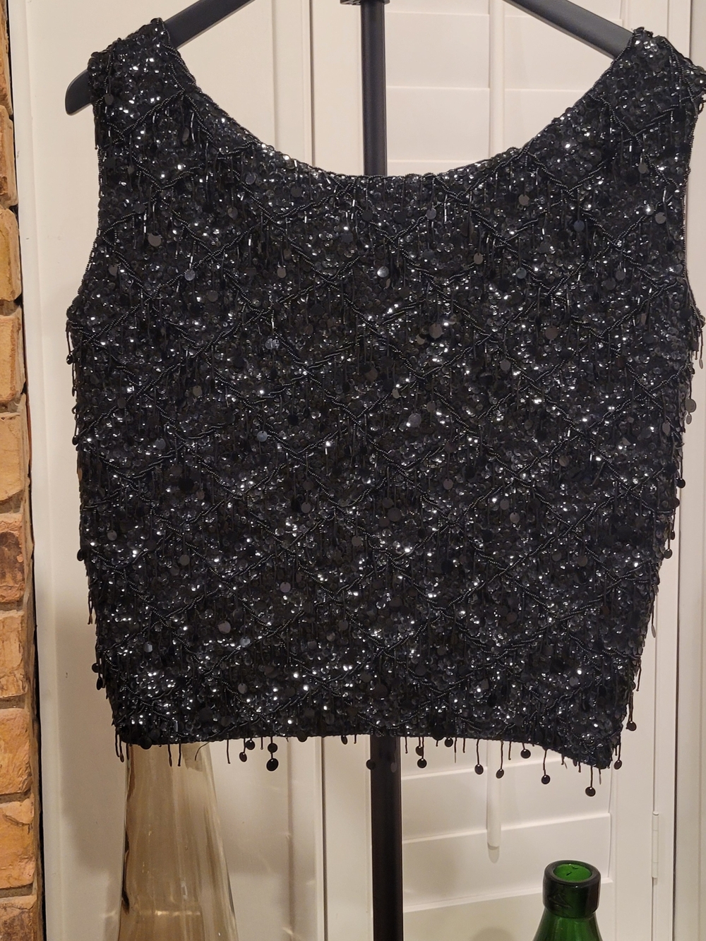 Vintage Silver House Anemone Black Beaded Fringe Crop Top